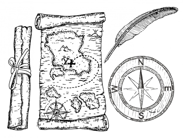 宝の地図 コンパス クイル 海賊マップの概念図 プレミアムベクター