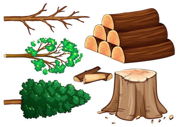 木と薪の白い背景イラスト プレミアムベクター
