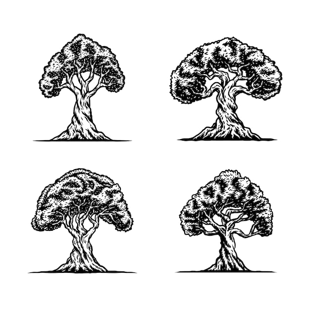 プレミアムベクター 木のコレクションイラスト 手描きイラスト