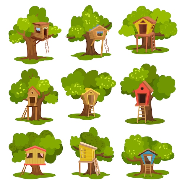 木の家セット 白い背景の上の子供の野外活動とレクリエーションイラストの緑の木々の木造の小屋 プレミアムベクター
