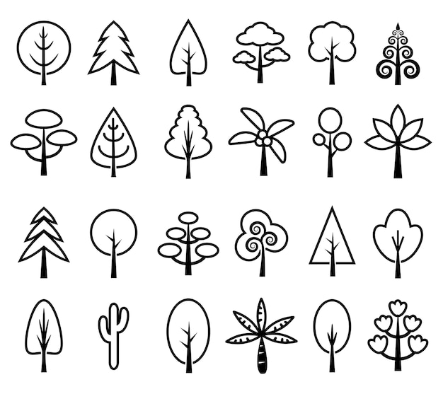 Tree icon set vector black and white Premium Vector