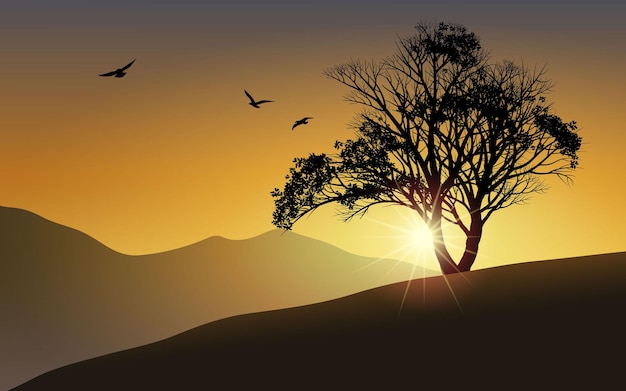 Premium Vector | Tree silhouette landscape with sunrise and mountain