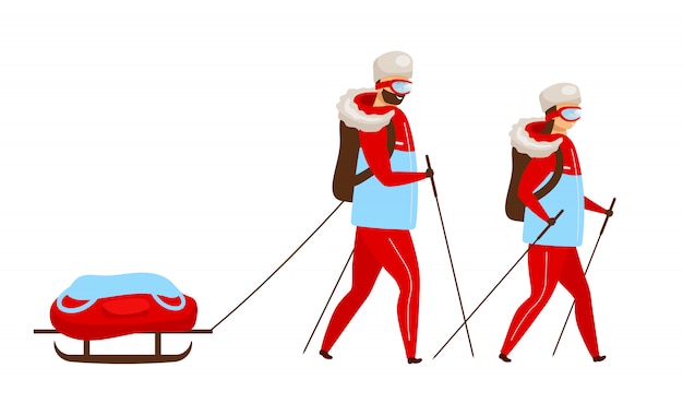 トレッキングチームのカラーイラスト そりノルディックウォーキングを楽しめるバックパッカー 探検家のハイキング 北極探検隊 白い背景の上の女と男の漫画のキャラクター プレミアムベクター