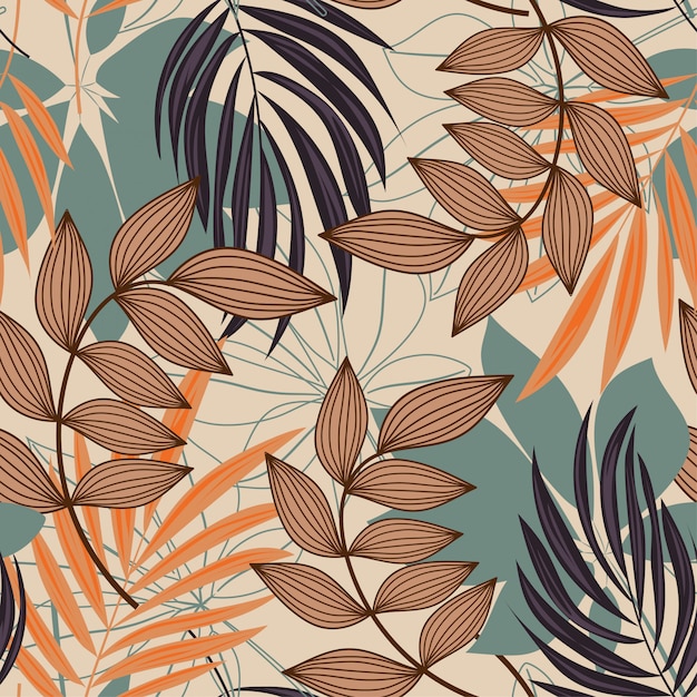 Trend Abstract Seamless Pattern With Colorful Tropical Leaves And