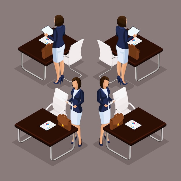 Trend Isometric People Set 3d Business Lady Working At A Desk On