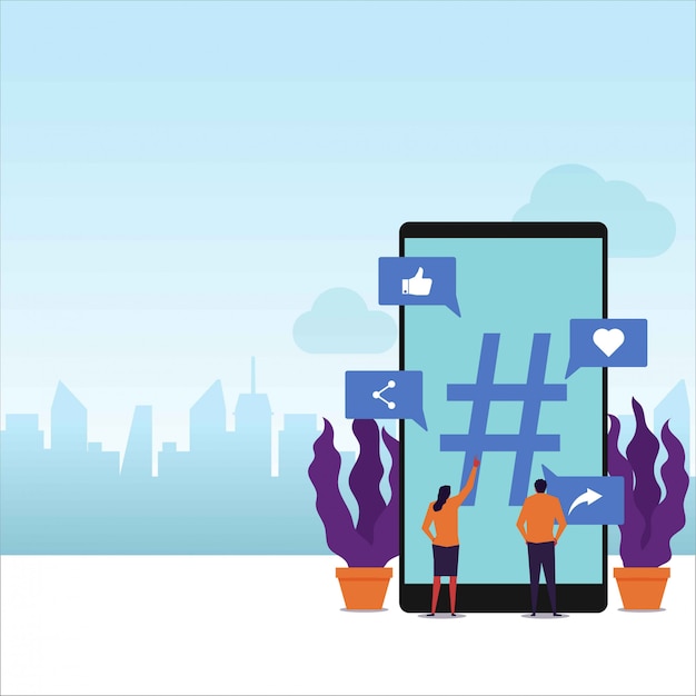 Trending topics flat vector concept couple hold phone around big hash tag. Premium Vector