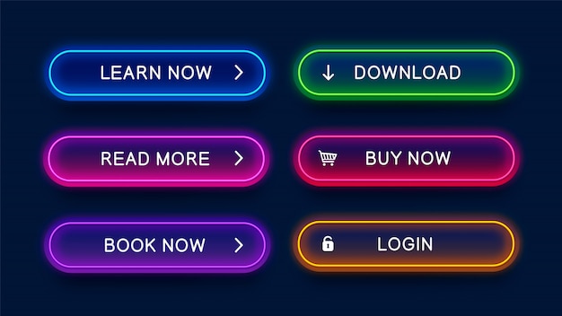 Trendy, glowing, neon buttons for web design. Premium Vector