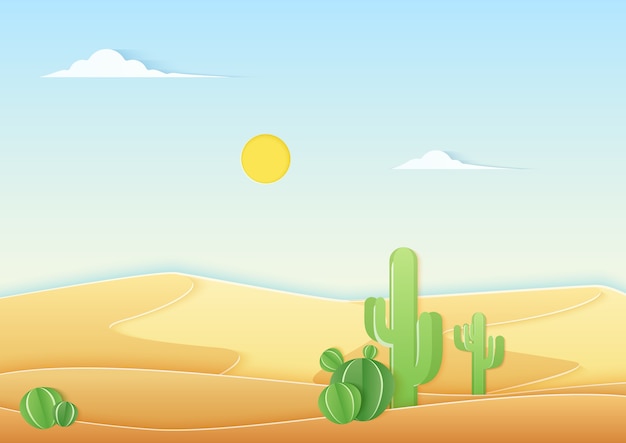 Premium Vector Trendy Paper Cuted Style Desert Landscape With Cute Cactus In The Desert