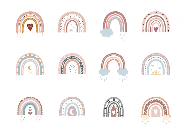 Premium Vector | Trendy rainbows in boho style in different color.