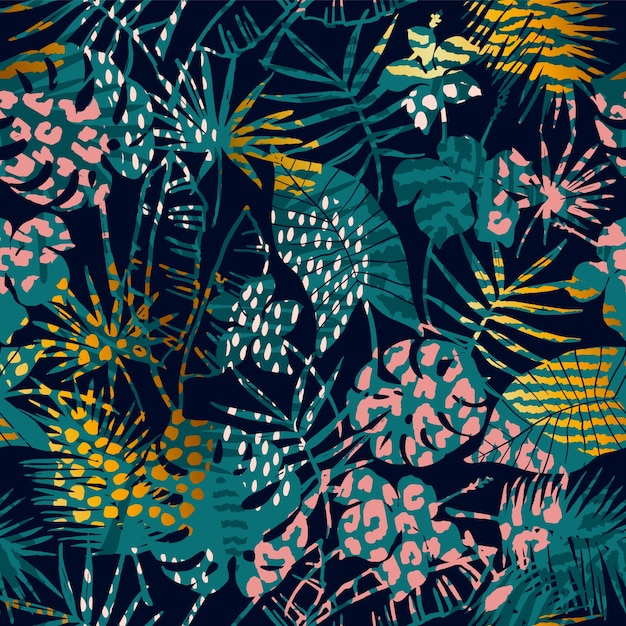 Premium Vector | Trendy seamless exotic pattern with palm, animal ...