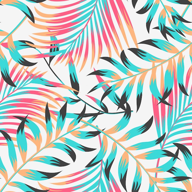 Trendy summer tropical seamless pattern with leaves and plants on ...