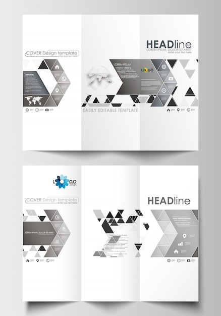 Tri-fold brochure business templates on both sides. abstract triangular background Premium Vector