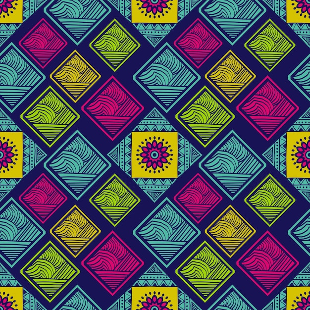 Tribal seamless pattern with colorful rectangle and ...