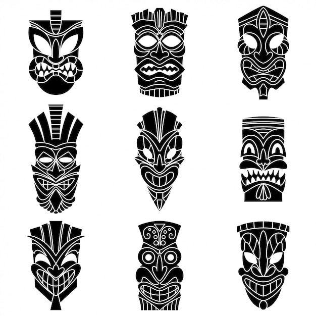 Premium Vector | Tribal tiki mask black silhouettes vector set.