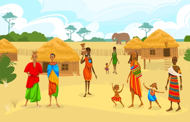 アフリカフラットベクトル図の部族民族の人々 水差し 民族の近くに立って 部族の伝統的な衣装でのアフロのキャラクターと漫画のアフリカの女性 プレミアムベクター