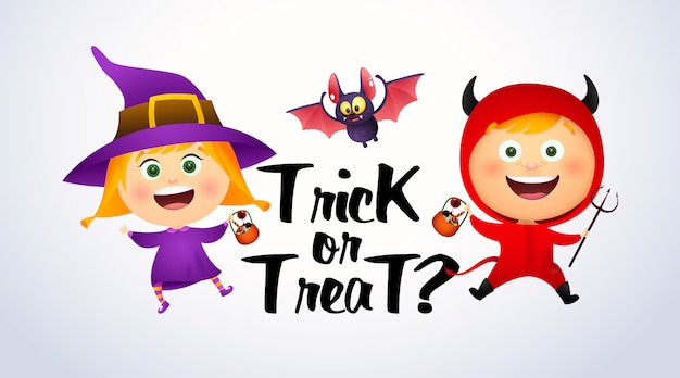 Free Vector Trick Or Treat Lettering With Kids In Witch And Devil Costumes