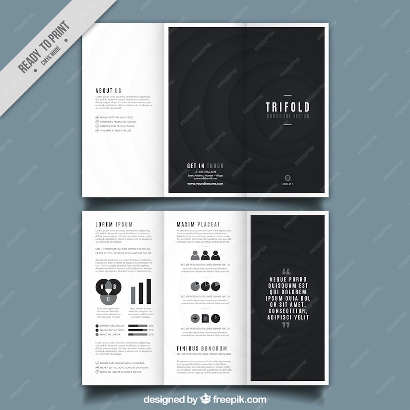 Premium Vector | Trifold brochure design with black round shapes