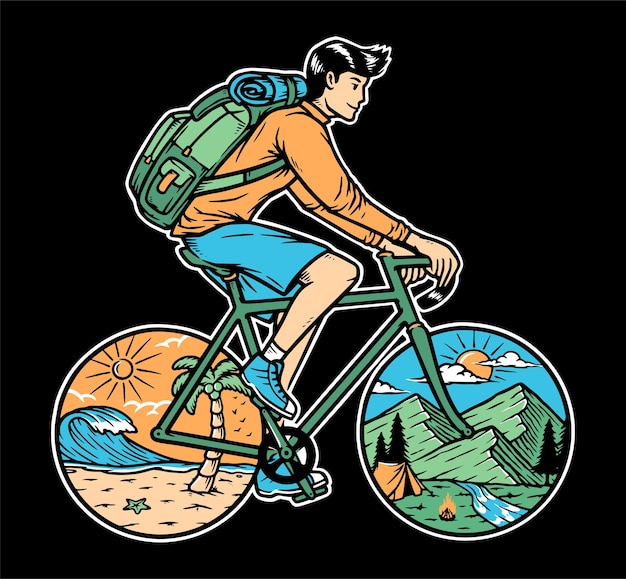 自転車で山と海を旅するイラスト プレミアムベクター