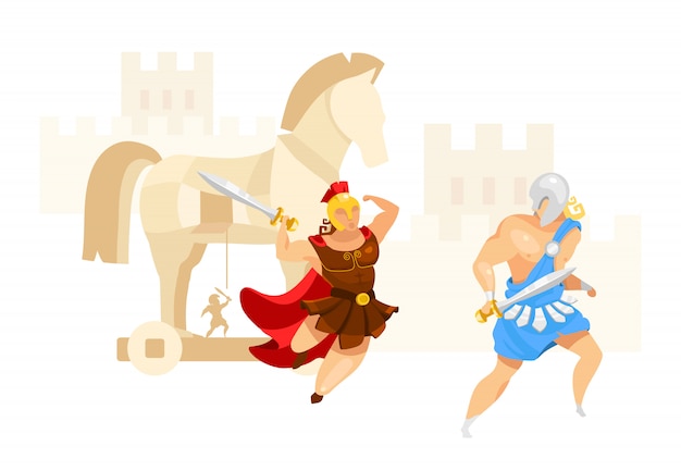 トロイの木馬戦争フラットイラスト トロイとアキレス 戦士は戦います 馬の建設における都市攻撃 ギリシャ神話 ホーマー イリアッド 白い背景の上の戦闘シーン分離の漫画のキャラクター プレミアムベクター