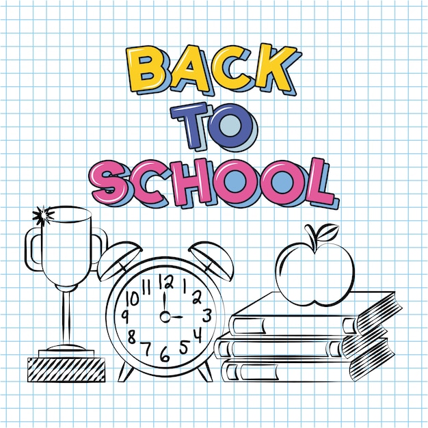 Trophy, alarm clock, books and apple, back to school doodle drawn on a grid sheet Free Vector