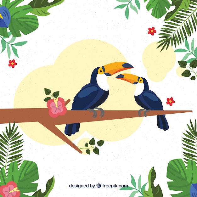 Tropical background with birds and\
plants