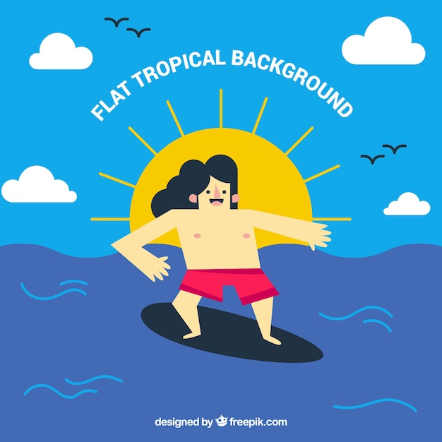 Tropical background with boy surfing