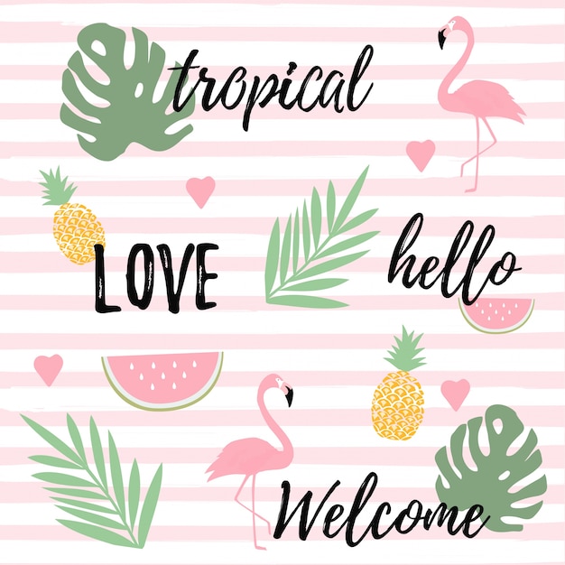 Tropical background with flamingos, watermelon and pineapples Premium Vector