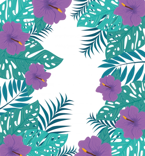 紫色の花と熱帯植物の熱帯背景 花と熱帯の葉の装飾 プレミアムベクター