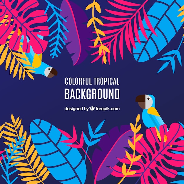 Tropical background with leaves and
birds