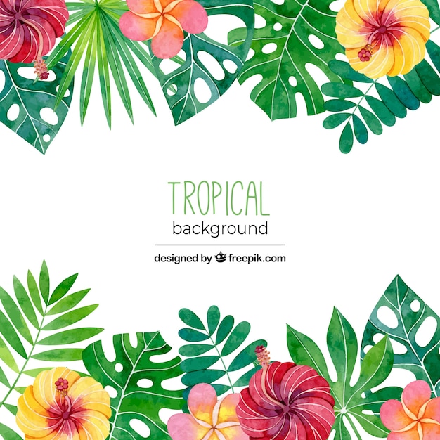 Tropical background with leaves and flowers in
watercolor style