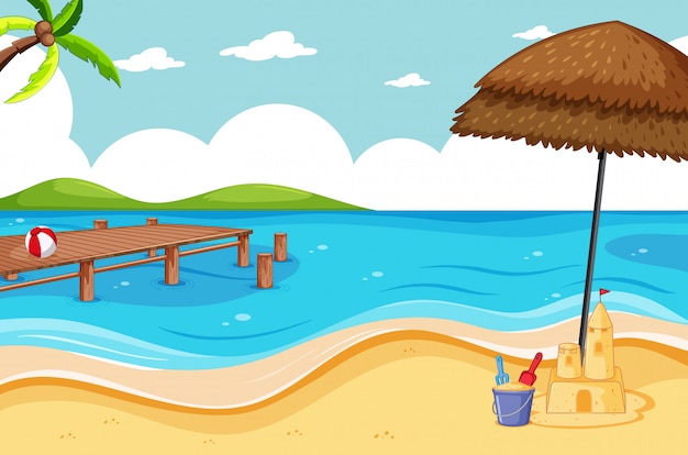 熱帯のビーチと砂浜のシーンの漫画のスタイル 無料のベクター
