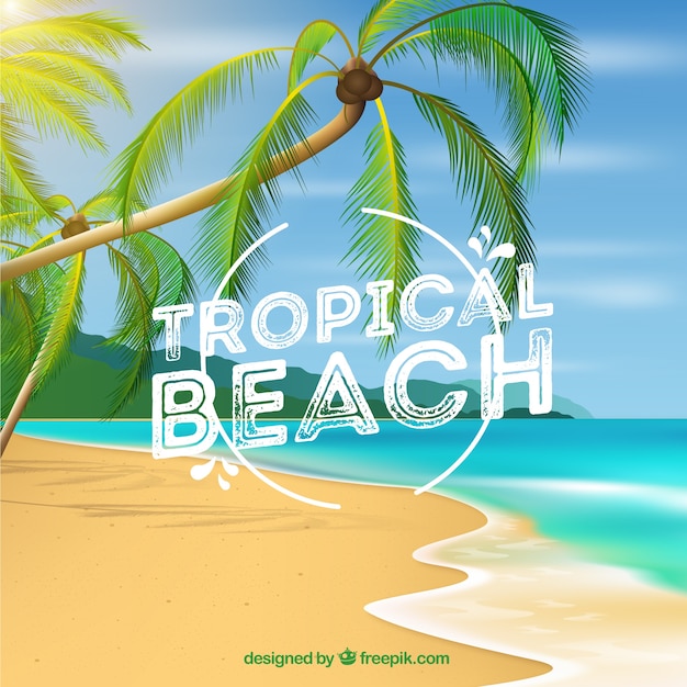 Tropical beach background with palms in\
realistic style
