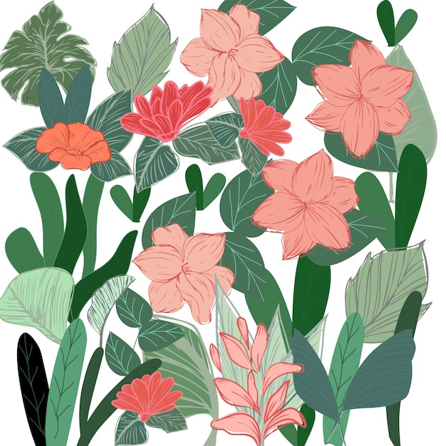 熱帯植物の花と葉のパターン プレミアムベクター