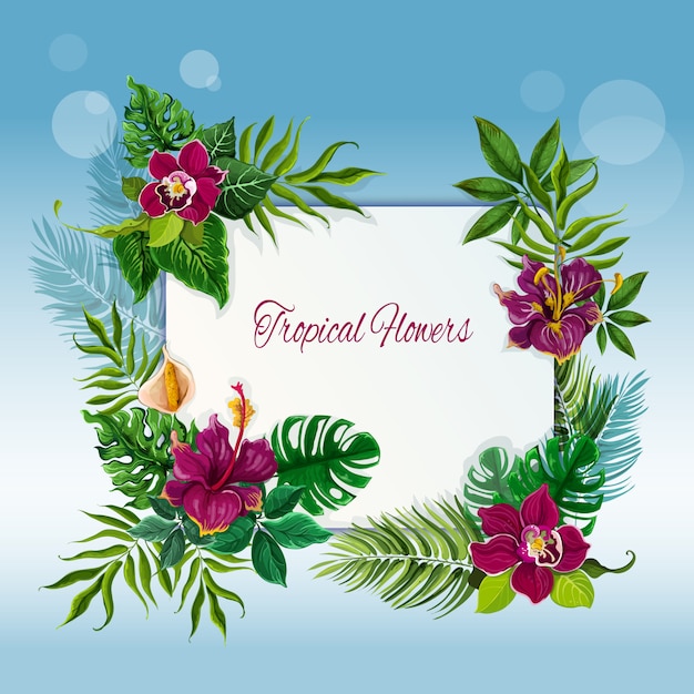 Tropical flowers and leaves frame