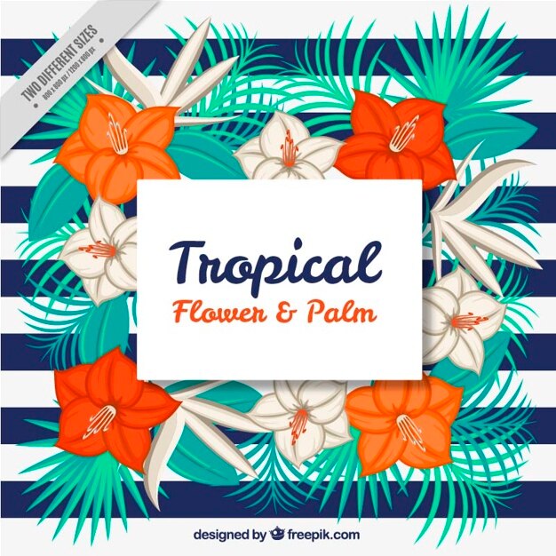 Tropical flowers and palm leaves on a stripes\
background