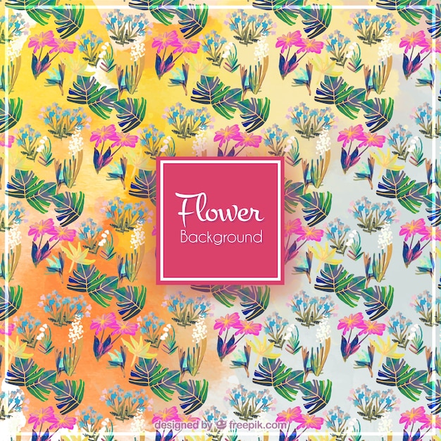 Tropical flowers background and leaves in\
watercolor effect