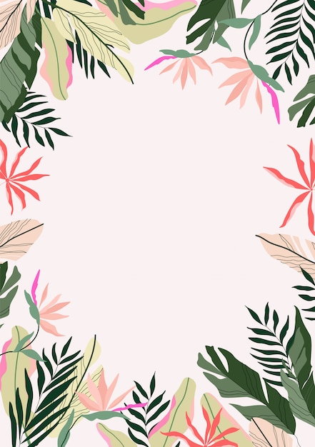 トロピカルフレームの背景 モダンなハワイアンカード バナーテンプレート エキゾチックな枝と花です 植物のフレームのイラスト ジャングルボーダーに描かれたデザイン プレミアムベクター
