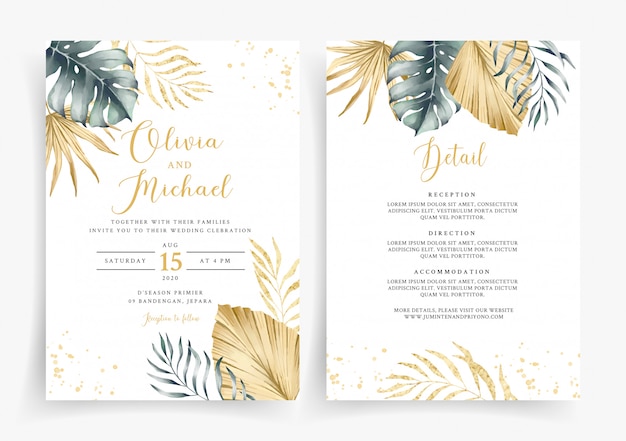  Tropical gold wedding invitation card template Premium Vector