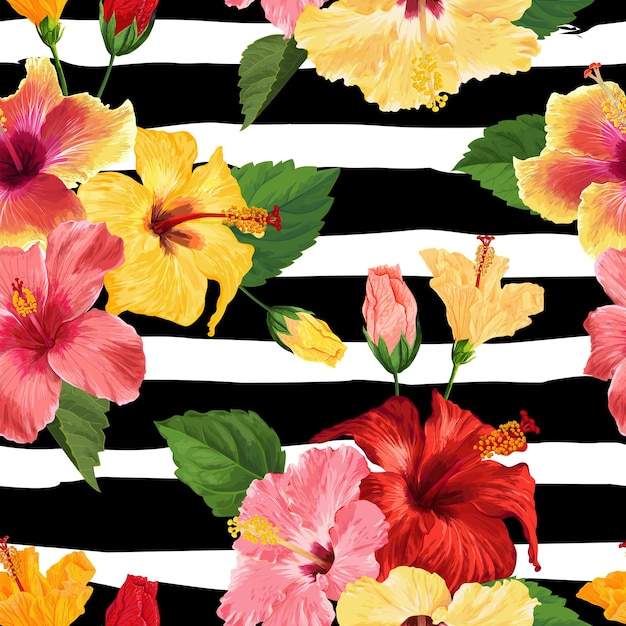 トロピカルハイビスカスフラワーシームレスパターン ファブリックテキスタイル 壁紙 装飾 包装紙のための花の夏の背景 水彩植物のデザイン ベクトルイラスト プレミアムベクター