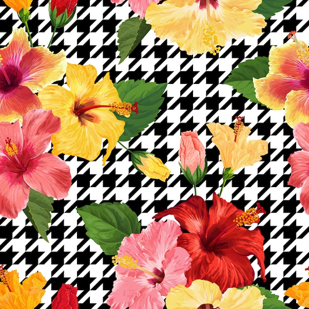 Premium Vector | Tropical hibiscus flower seamless pattern