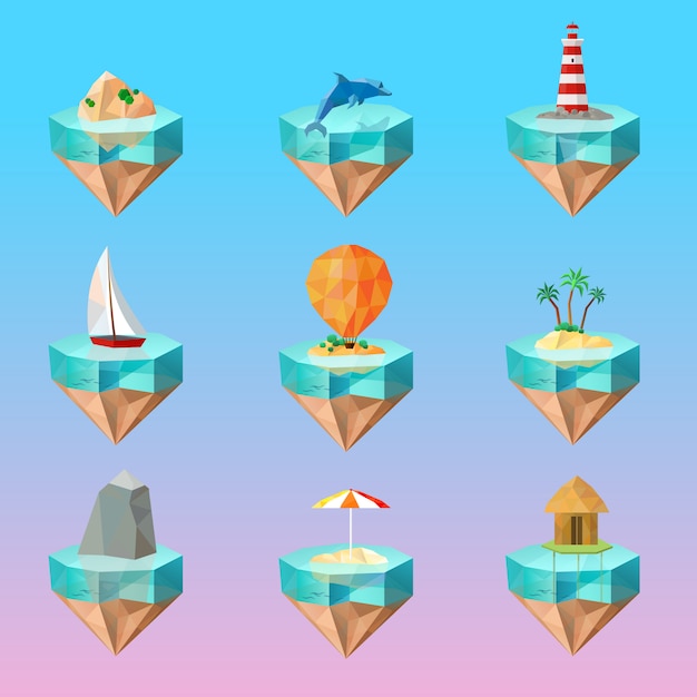 Free Vector | Tropical island symbols polygonal icons set