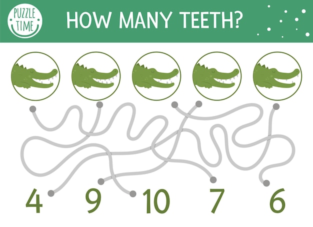 子供のための熱帯の数学の迷路 就学前の夏の活動 教育的な追加のなぞなぞ ワニと面白い数学パズルゲーム かわいいカウントワークシート 歯はいくつですか プレミアムベクター