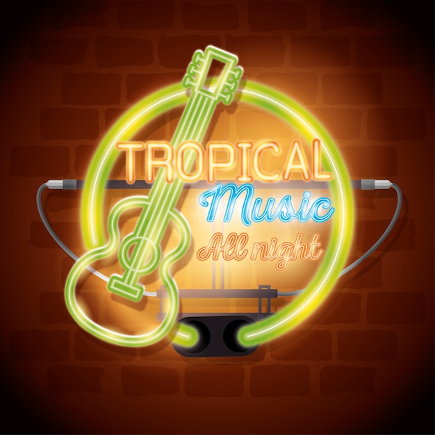 Tropical music bar neon label vector illustration design Premium Vector