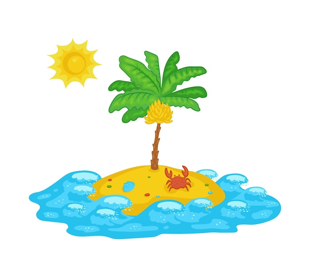 バナナのヤシの木 白い背景で隔離の漫画ベクトルイラストと熱帯の海の無人島のアイコン 夏休みとビーチ休憩のサインまたはシンボル プレミアムベクター