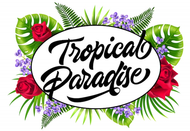Tropical paradise flyer with exotic leaves,\
lilac and roses.