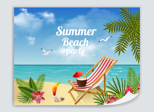 ラウンジデッキチェアカクテルと海と砂浜のカラフルな絵と熱帯の楽園のポスター 無料のベクター