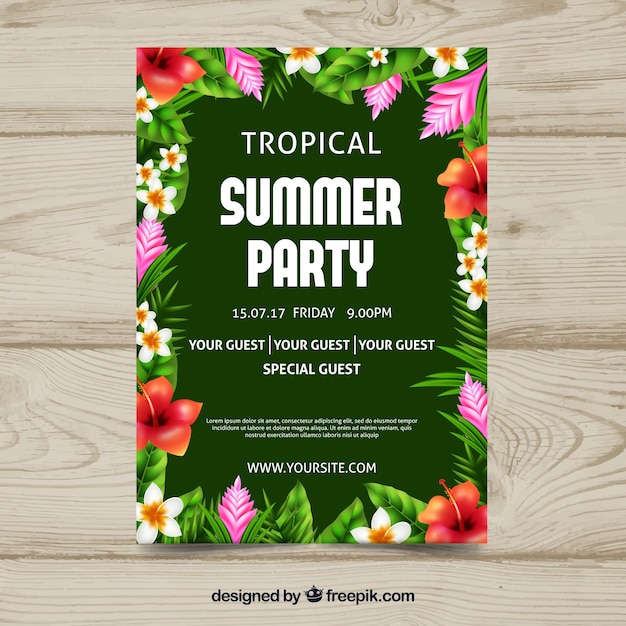 Free Vector | Tropical party brochure with flowers and leaves