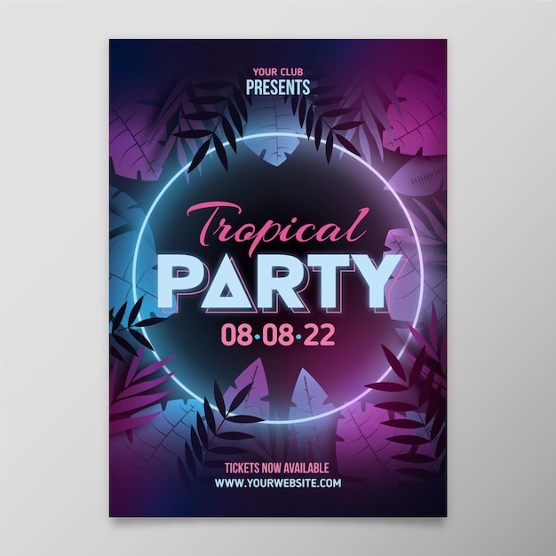 Free Vector Tropical Party Poster Template With Neon Leaves