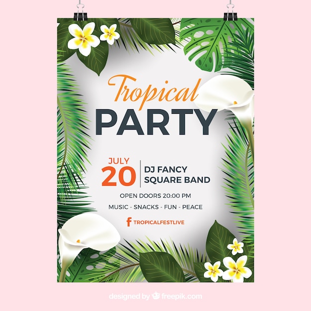 Tropical party poster with exotic leaves and\
flowers
