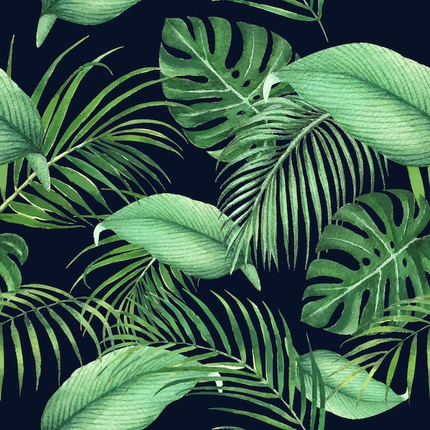 モンステラの葉とヤシの葉 イラストの熱帯パターンデザイン プレミアムベクター